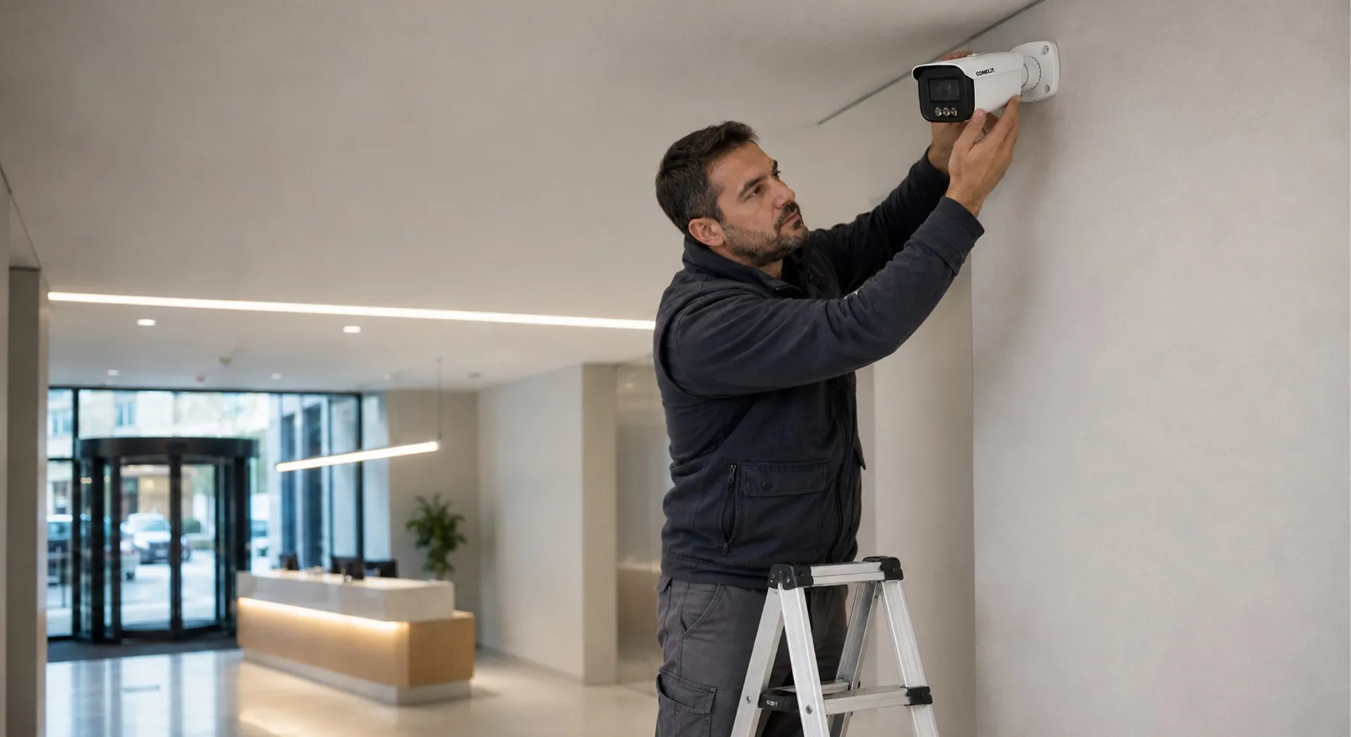Installatore monta a soffitto una telecamera di videosorveglianza Comelit in una reception aziendale