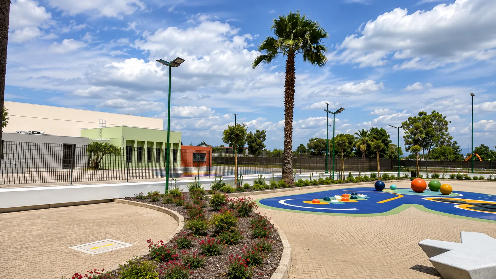 Area giochi del Centro Sportivo Pino Daniele di Caivano protetta dai sistemi di sicurezza Comelit per edifici pubblici.