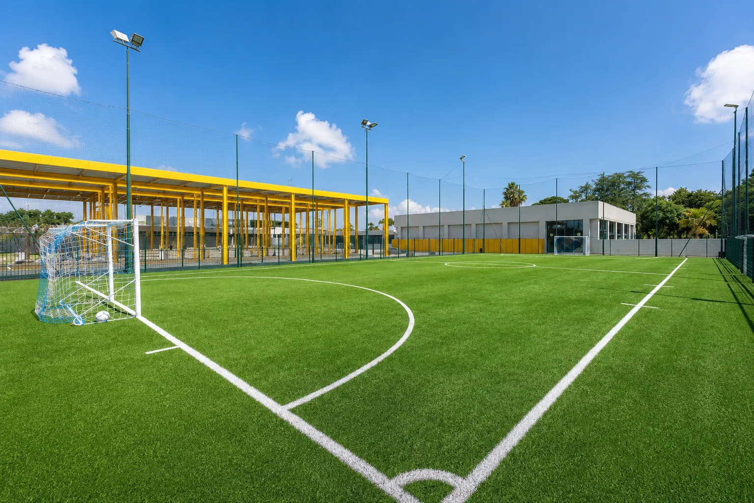 Campo da calcio del Centro Sportivo Pino Daniele protetto da un sistema di sicurezza integrata Comelit.