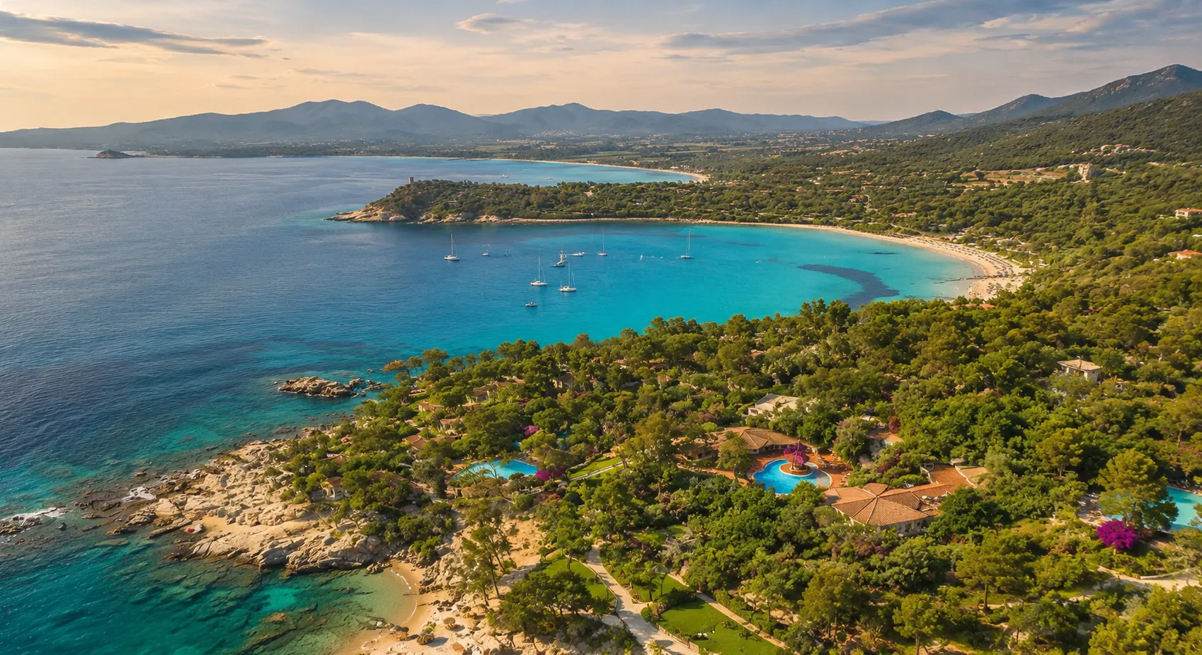 Vista aerea di un resort ad Arbatax, in Sardegna, con sistemi di sicurezza Comelit per hotel e strutture ricettive.