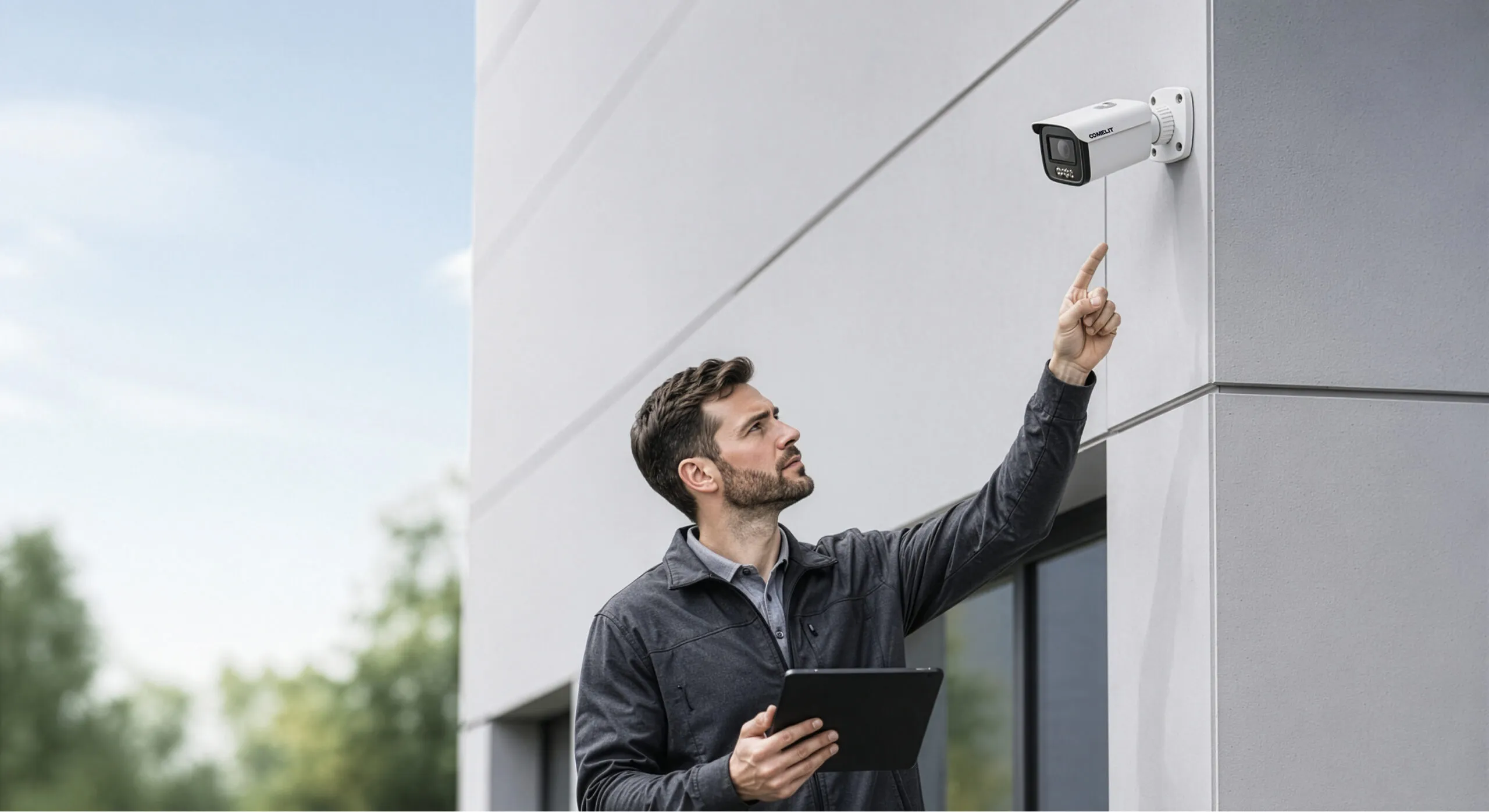 Installatore con tablet verifica il posizionamento di una telecamera bullet Comelit su facciata esterna
