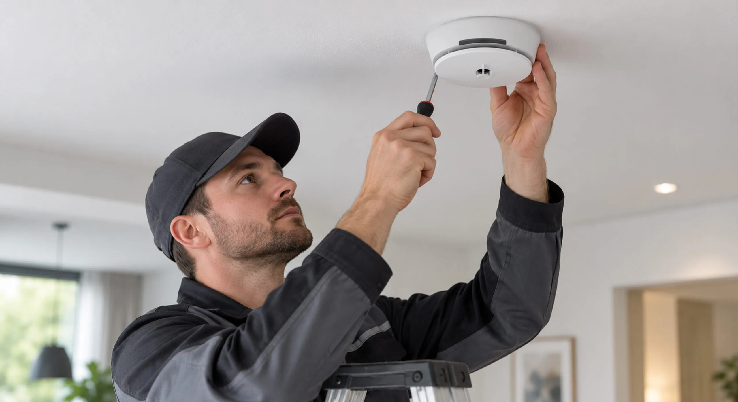 Tecnico installa un rivelatore ottico di fumo Comelit a soffitto