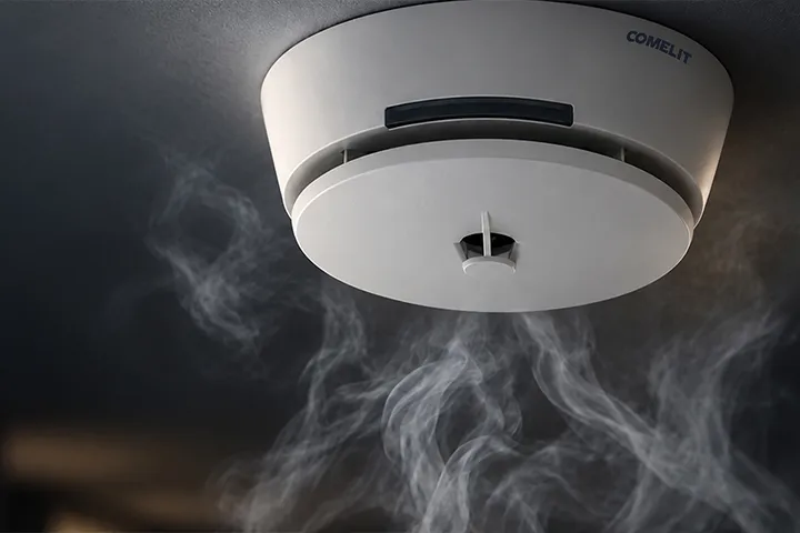 Rivelatore ottico di fumo Comelit con fumo che sale verso la camera di rilevazione
