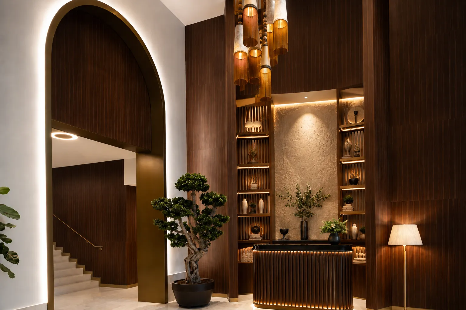 Area reception dei Teatro Luxury Apartments di Firenze con boiserie in legno e postazione di portineria