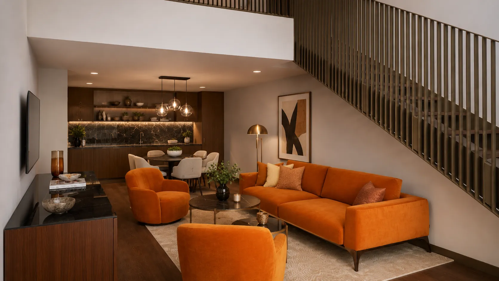 Soggiorno di un appartamento ai Teatro Luxury Apartments di Firenze, con divano arancione, cucina a vista e zona pranzo