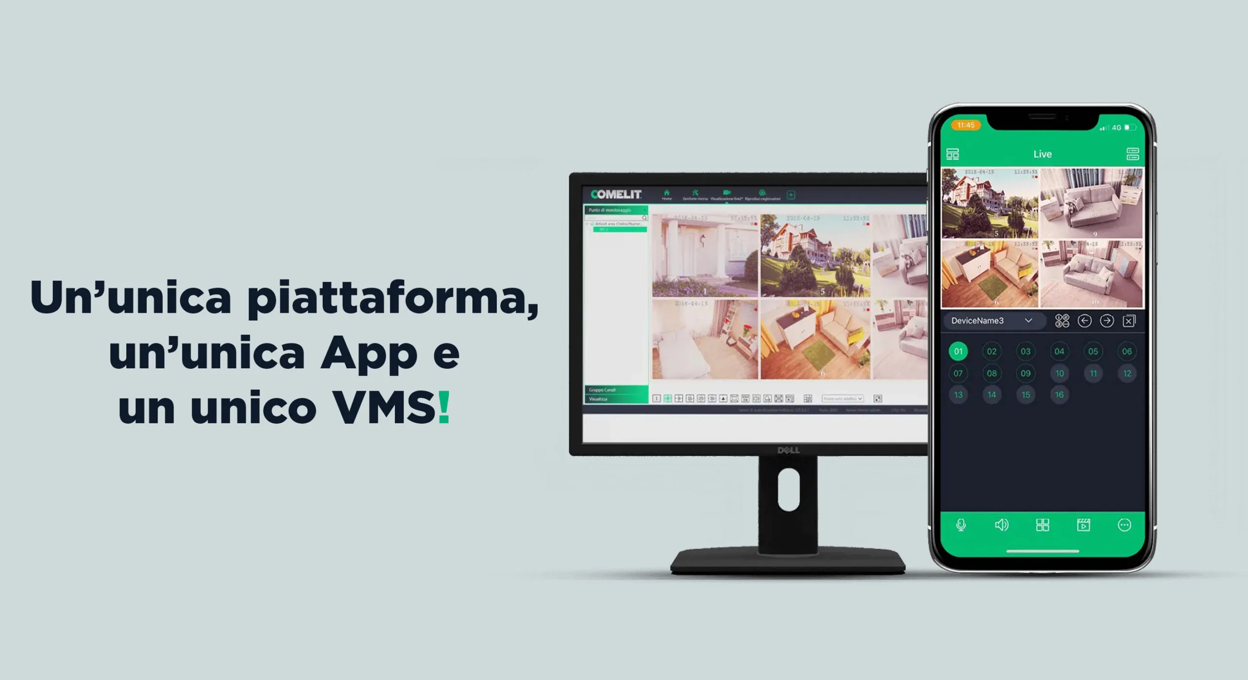 Software VMS Comelit su monitor e app su smartphone con visualizzazione live multischermo delle telecamere