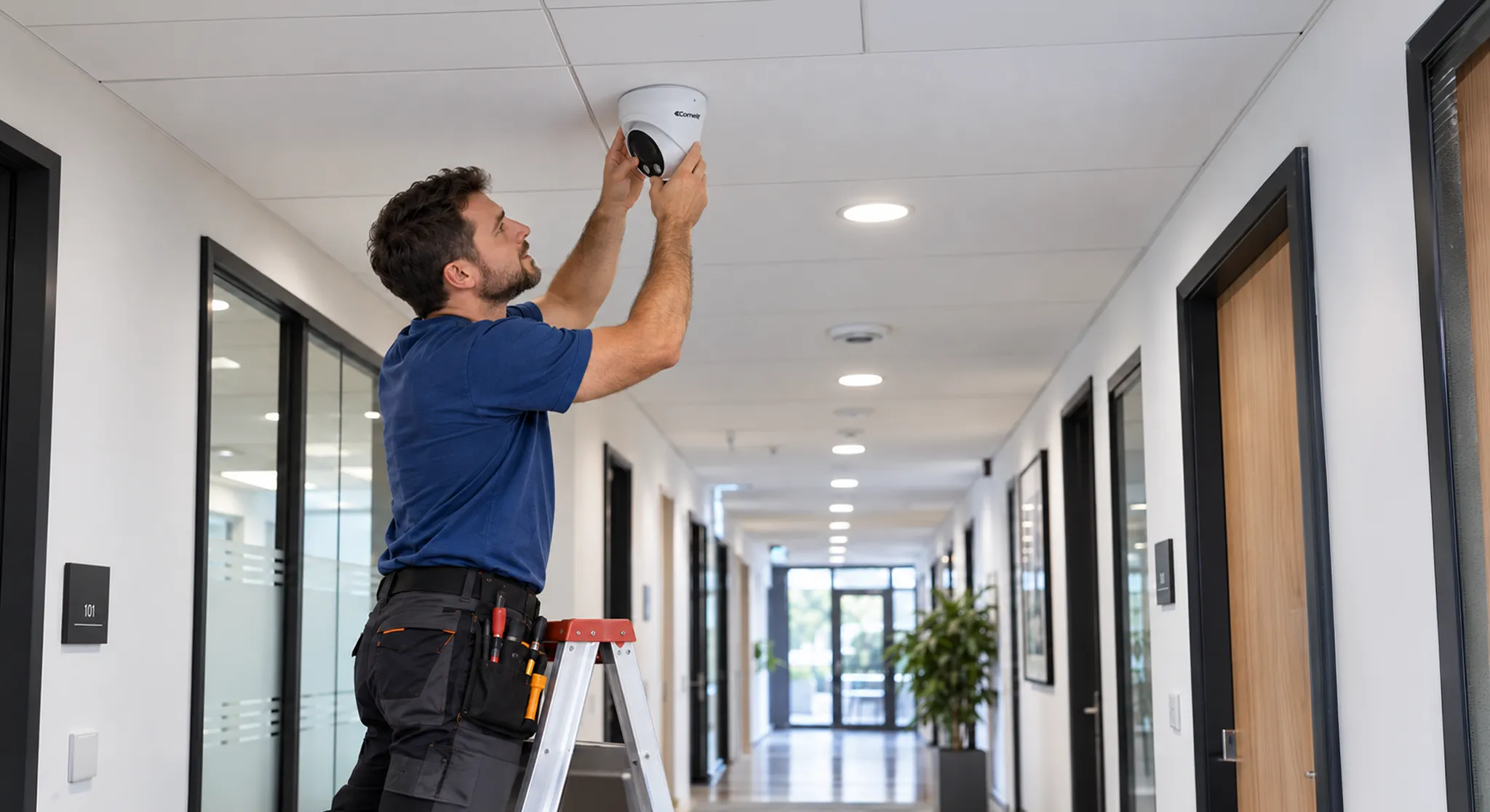 Installatore monta una telecamera dome Comelit sul soffitto del corridoio di un ufficio