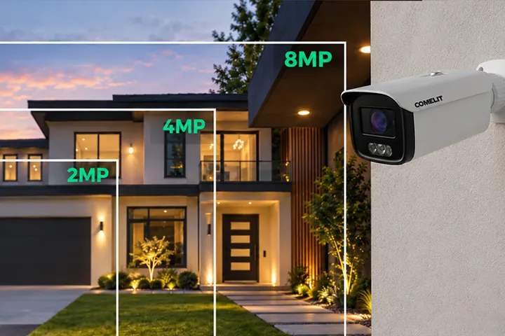 Telecamera Comelit per esterni su una casa al tramonto, con riquadri che indicano la risoluzione 2MP, 4MP e 8MP