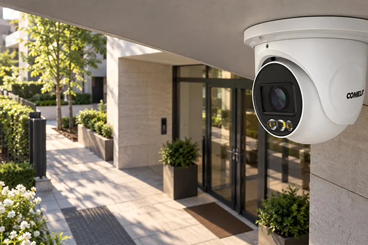 Primo piano di una telecamera dome Comelit che monitora la porta d'ingresso vetrata di un condominio